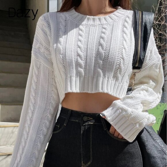 Cable Knit Drop Shoulder Crop Sweater,Long Sleeve Tops (NEW) - Picture 7 of 8